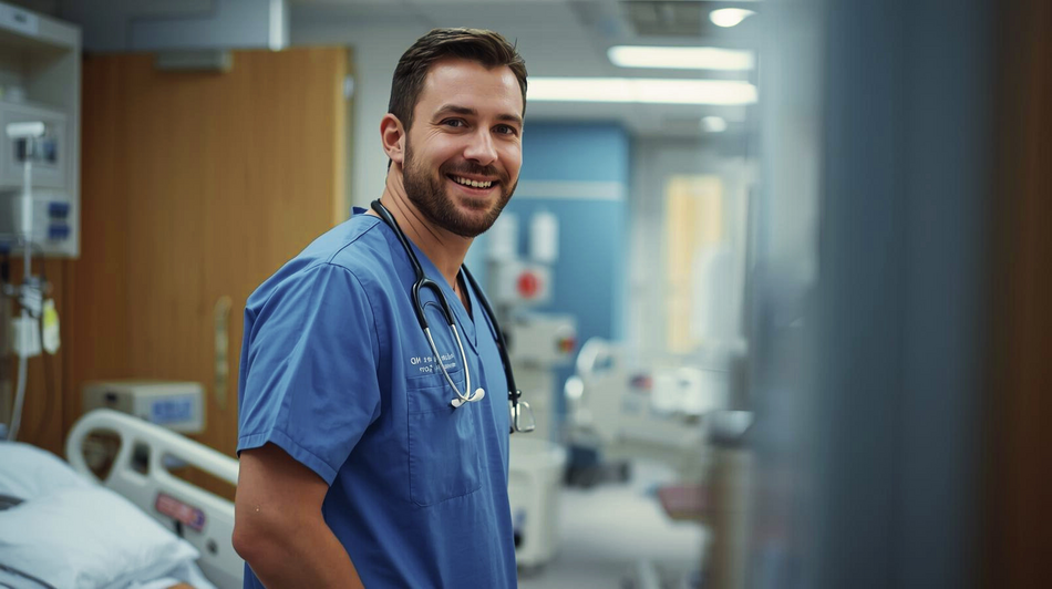 Sympathische männliche Pflegefachkraft in einem Krankenhaus mit Blick in die Kamera