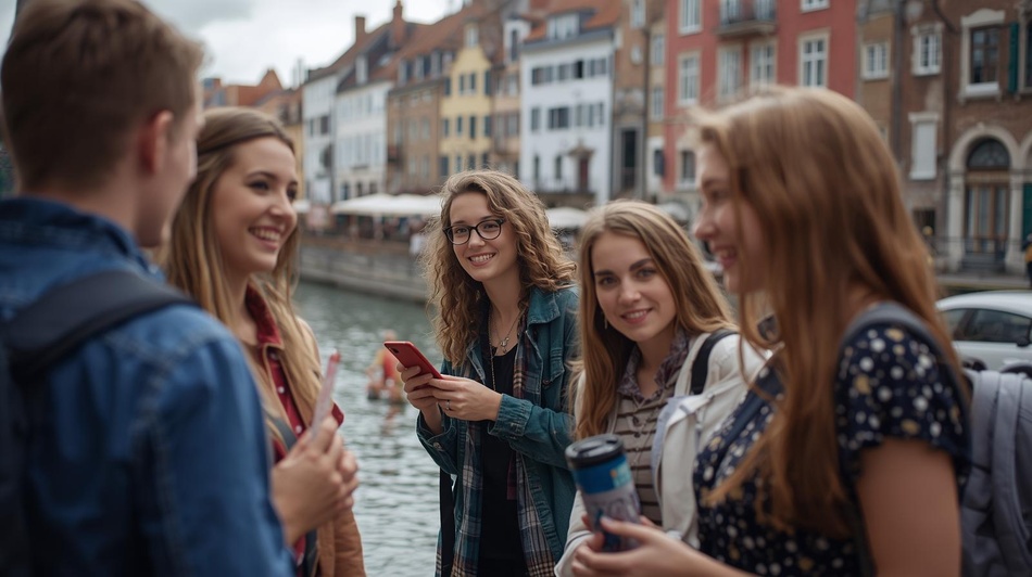 Gruppe junger Menschen vor einer Häuserfassade