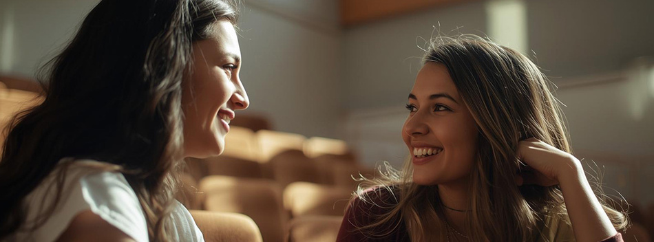 Zwei junge Studentinnen im Hoersaal