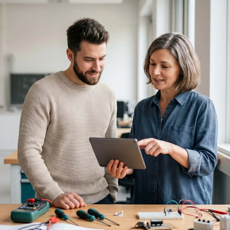 Ein Student und eine Dozentin besprechen Schaltungen am Tablet im Elektrolabor für ein praxisorientiertes Fachschulstudium zum staatlich geprüften Techniker für Elektrotechnik.