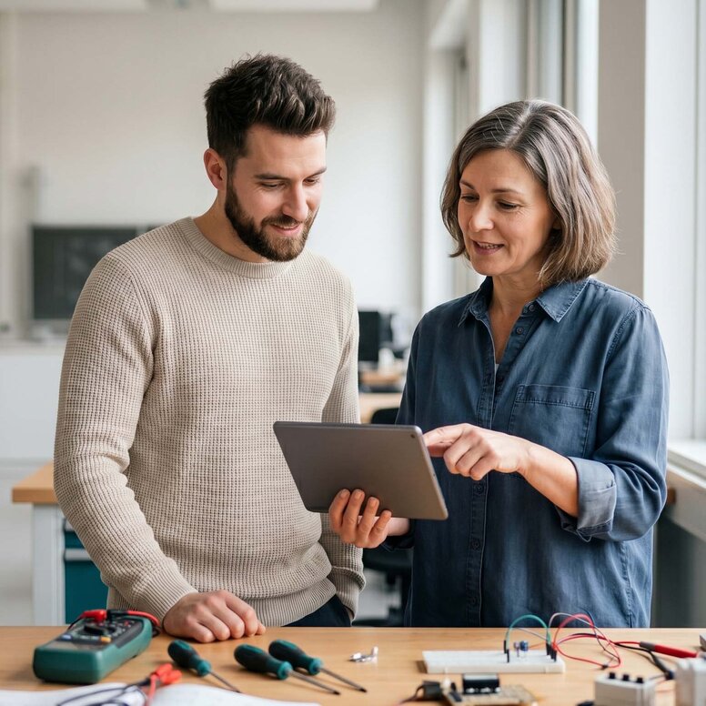 Ein Student und eine Dozentin besprechen Schaltungen am Tablet im Elektrolabor für ein praxisorientiertes Fachschulstudium zum staatlich geprüften Techniker für Elektrotechnik.