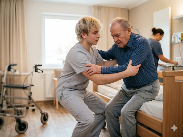 Ein junger Pflegeschüler unterstützt einen älteren Mann bei der handlungsorientierten Mobilisation und dem Transfer vom Pflegebett in den Stand, in einem hellen Pflegeheimzimmer mit Rollator.