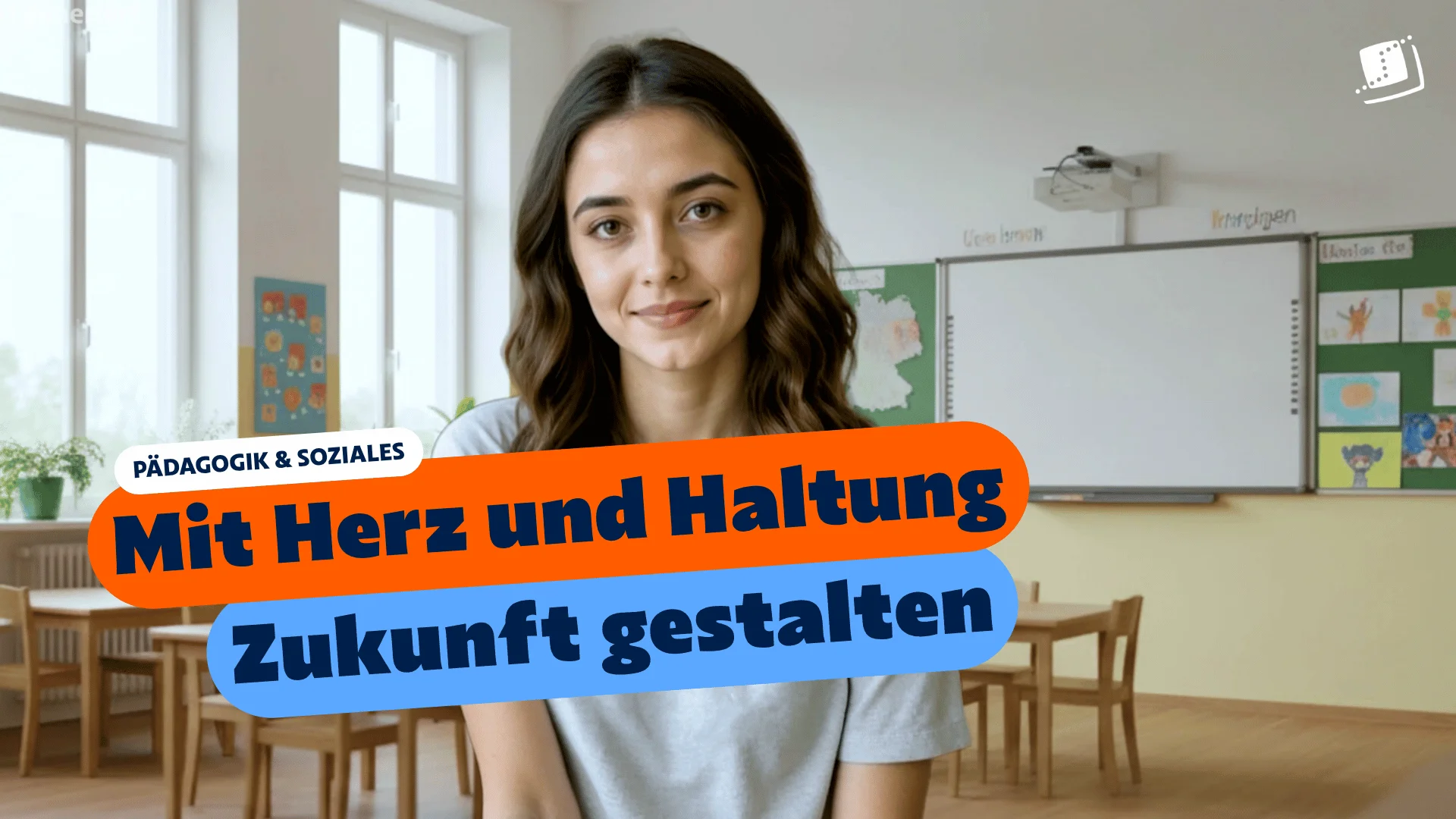 Eine junge Frau in einem freundlichen Klassenraum mit dem eingeblendeten Text: „Pädagogik & Soziales – Mit Herz und Haltung Zukunft gestalten“.