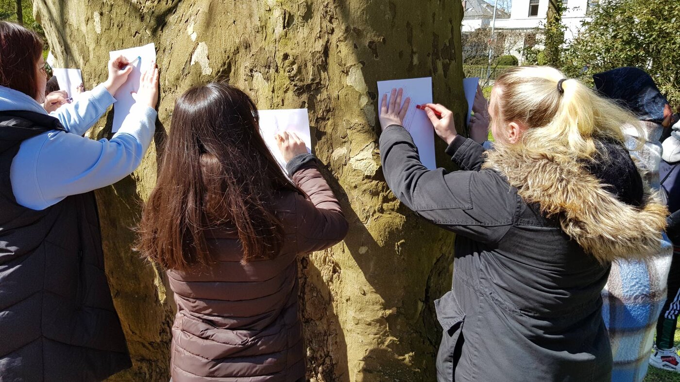Mehrere Schüler:innen stehen im Freien an einem großen Baumstamm und legen Papier an die Rinde, um deren Struktur mit Farbstiften auf das Papier zu übertragen. Die Gruppe führt eine naturbezogene Kreativ- oder Wahrnehmungsübung durch.