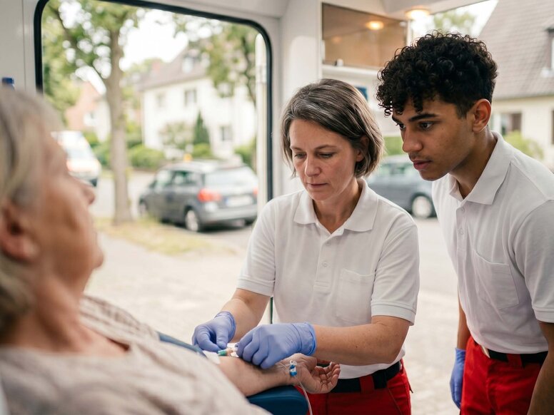 Ein junger Auszubildender zum Notfallsanitäter assistiert bei einer Venenpunktion einer älteren Patientin im Rettungswagen.