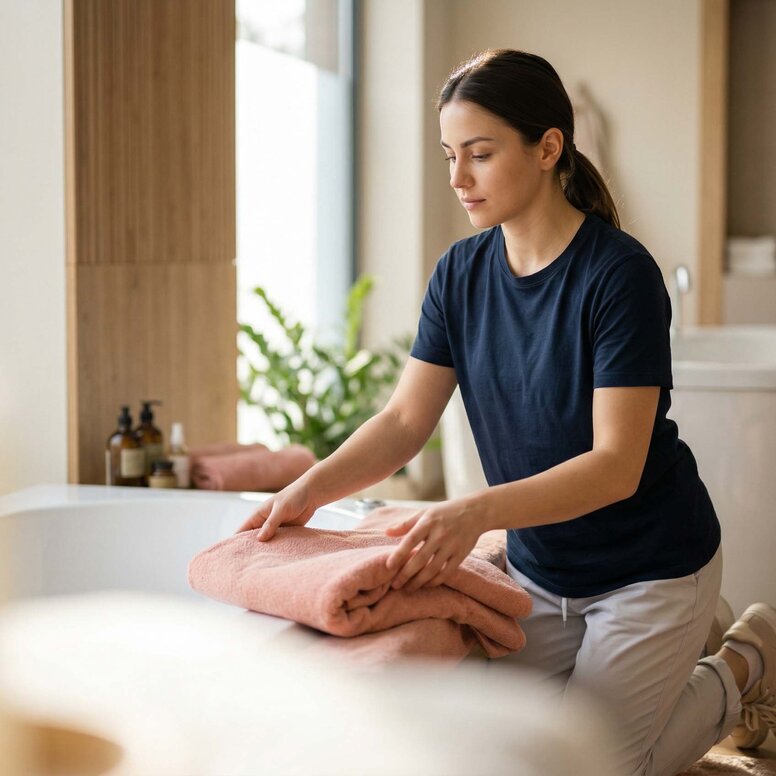 Eine Auszubildende zur Masseurin und medizinischen Bademeisterin bereitet sorgfältig eine Sitzung für ein medizinisches Bad vor. Sie kniet vor einer Badewanne und legt Handtücher bereit.