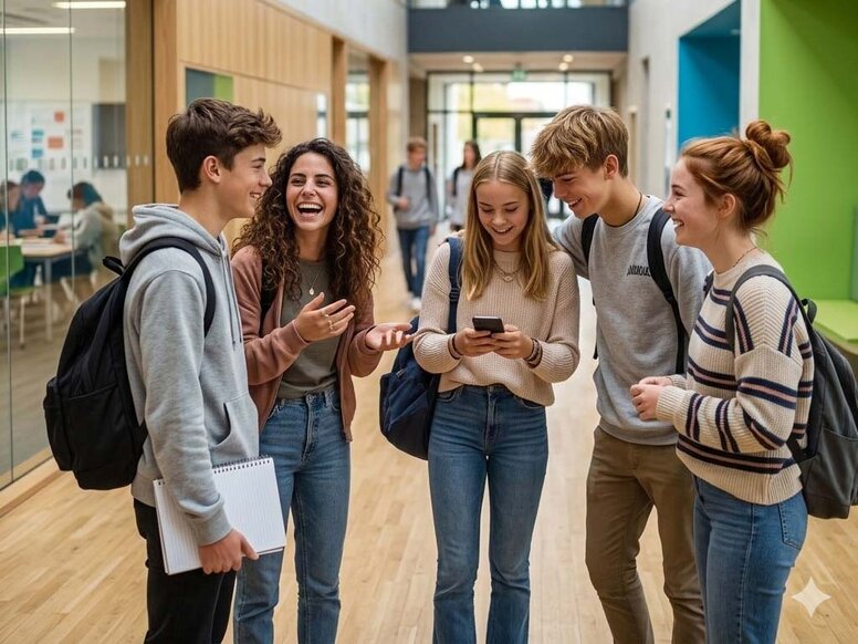 Eine lächelnde Gruppe Jugendlicher tauscht sich im modernen Schulflur beim Blick auf ein Smartphone fachlich aus.