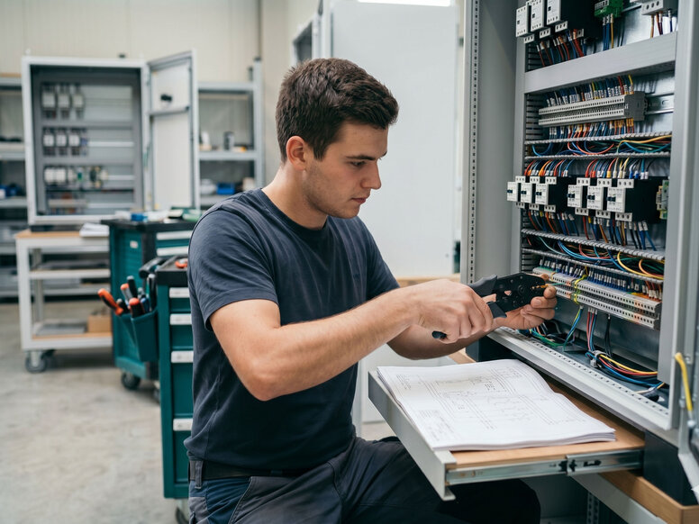 Ein staatlich geprüfter Techniker für Elektrotechnik verdrahtet einen Schaltschrank und vergleicht mit einem Schaltplan.