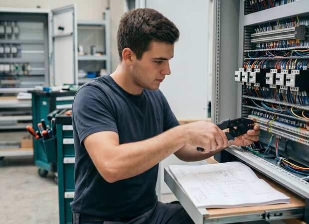 Ein staatlich geprüfter Techniker für Elektrotechnik verdrahtet einen Schaltschrank und vergleicht mit einem Schaltplan.