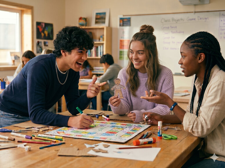 Drei Auszubildende arbeiten gemeinsam an einem Brettspiel-Prototyp im hellen Klassenzimmer, Teil der praxisorientierten Sozialassistenten-Ausbildung.