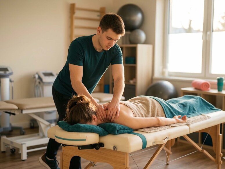 Ein Auszubildender zum medizinischen Bademeister/Masseur führt fachgerecht eine praxisorientierte Nackenmassage am Patienten durch.