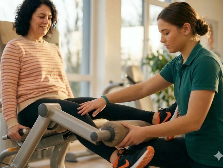 Eine angehende Physiotherapeutin unterstützt eine Patientin fachgerecht beim praxisorientierten Gerätetraining zur Kräftigung der Beinmuskulatur.