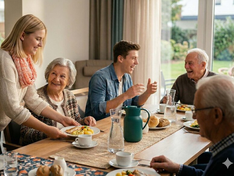 Sozialassistentin serviert lächelnd Essen am gemeinsamen Esstisch mit Senioren in einer hellen, modernen Pflegeeinrichtung.