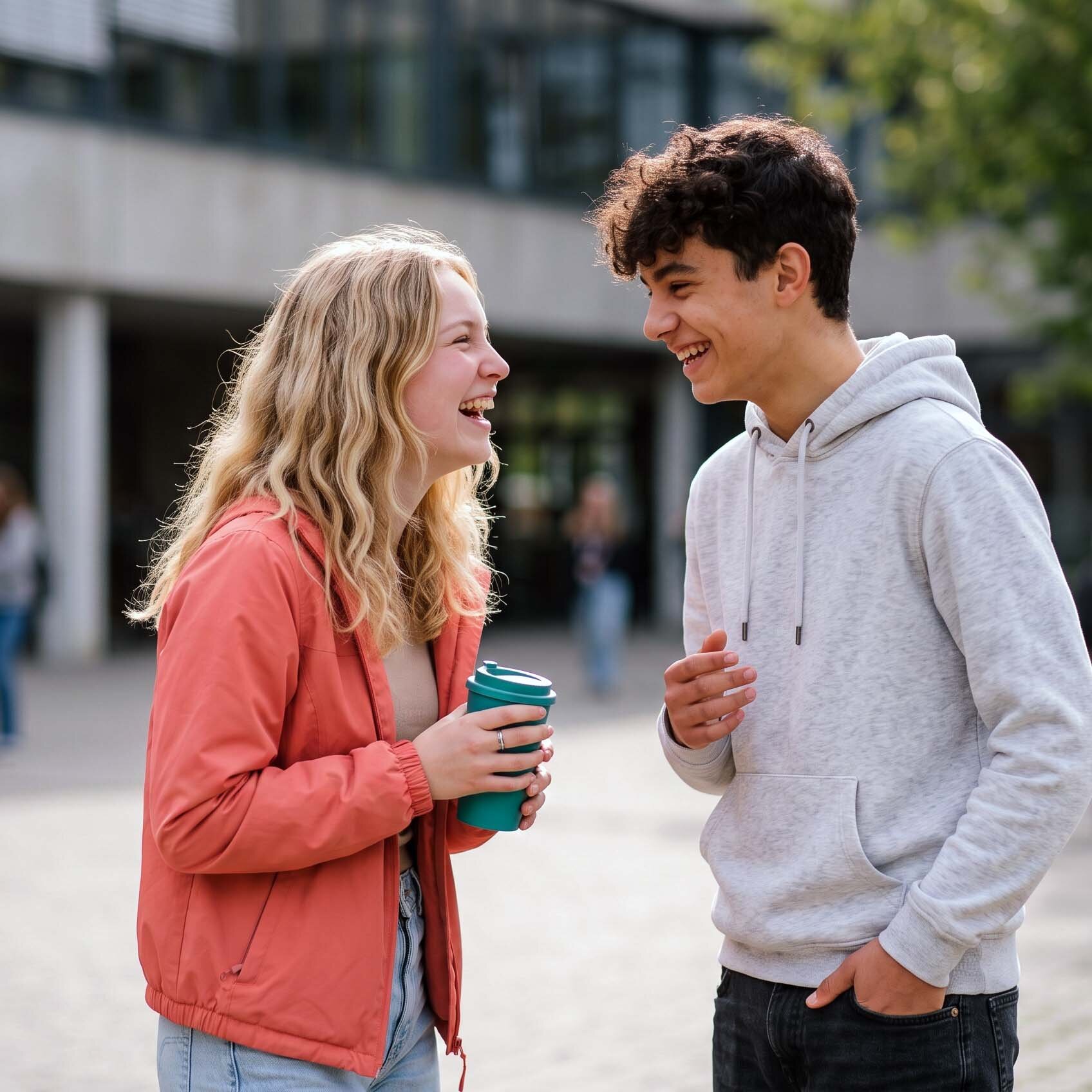 Eine Schülerin und ein Schüler lachen und unterhalten sich auf einem modernen Schulhof in der Pause.