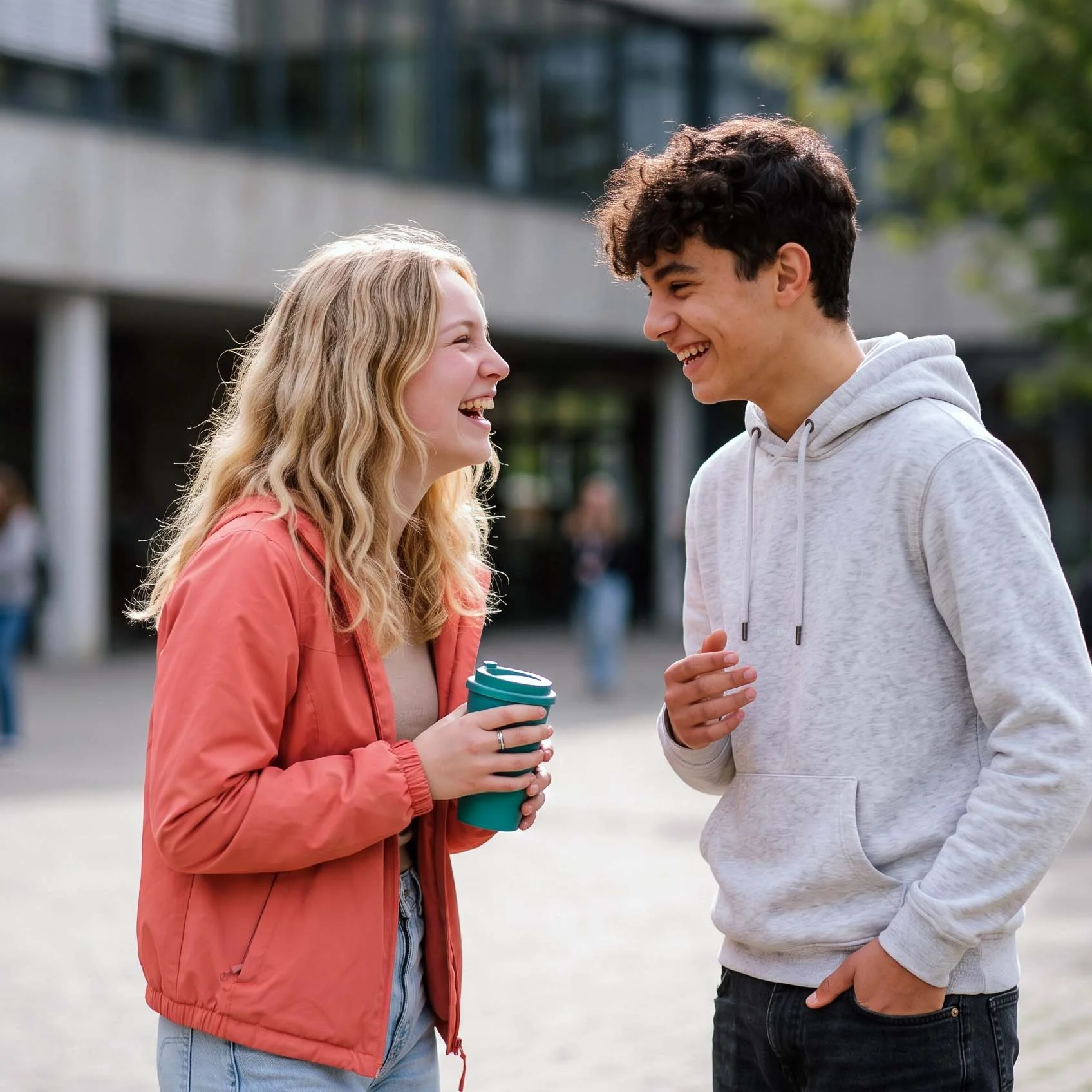 Eine Schülerin und ein Schüler lachen und unterhalten sich auf einem modernen Schulhof in der Pause.
