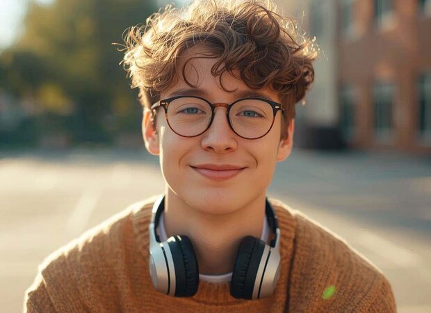 Ein lächelnder Schüler mit Kopfhörern und Brille auf dem Schulhof lächelt direkt in die Kamera.