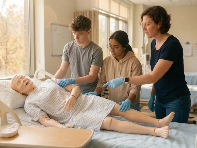 Auszubildende in der Pflege trainieren handlungsorientiert das Umlagern eines Patienten an einer Pflegepuppe im SkillsLab.