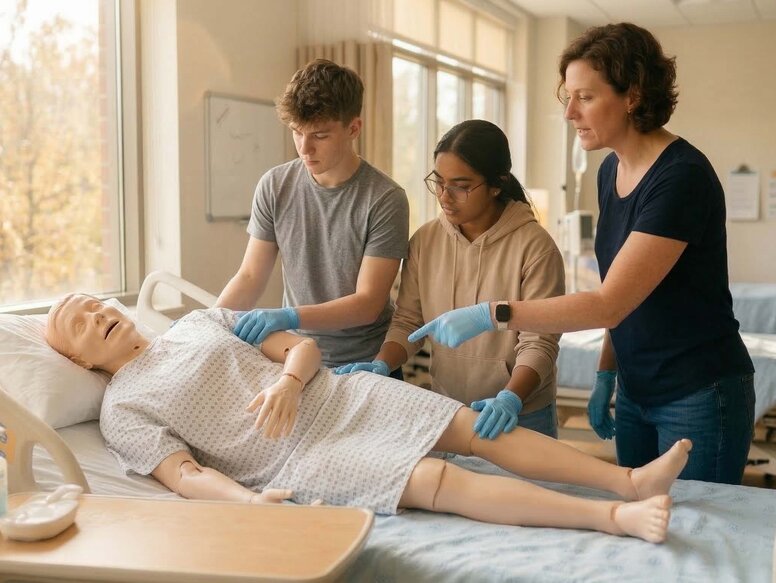 Auszubildende in der Pflege trainieren handlungsorientiert das Umlagern eines Patienten an einer Pflegepuppe im SkillsLab.