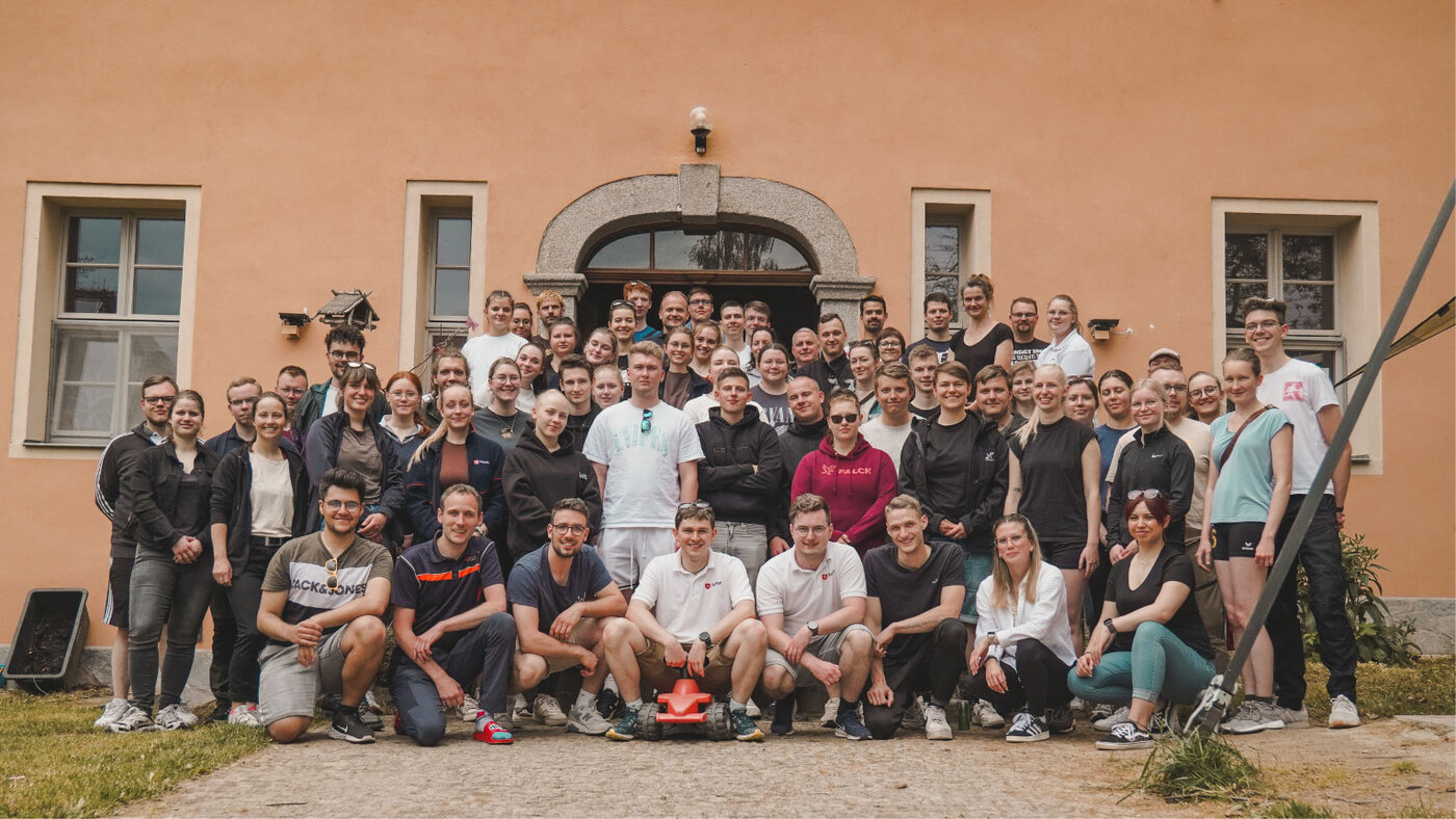 Gruppenfoto mit Auszubildenden, Praxsianleiter:innen, Lernbegleitungen und Helfer:innen vor einem Gebäude.