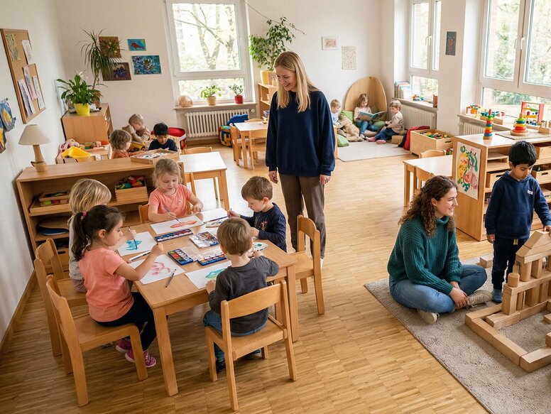 Eine Erzieherin begleitet Kinder beim konzentrierten Malen an einem Tisch, während eine junge Auszubildende eine Gruppe in der Bauecke beim Spiel mit Bauklötzen unterstützt.
