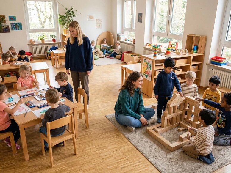 Eine Erzieherin begleitet Kinder beim konzentrierten Malen an einem Tisch, während eine junge Auszubildende eine Gruppe in der Bauecke beim Spiel mit Bauklötzen unterstützt.