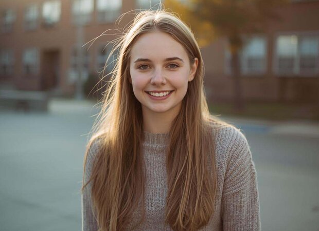 Ein lächelnder Schüler mit Kopfhörern und Brille auf dem Schulhof lächelt direkt in die Kamera.