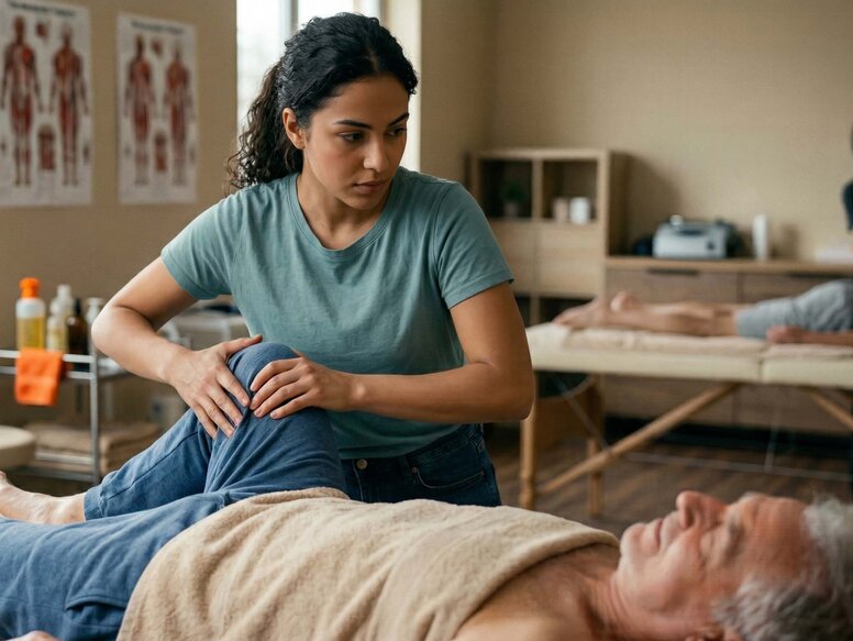 Eine angehende Masseurin übt gezielte Knie-Mobilisation in einem hellen SkillsLab an einem älteren Patienten zur Förderung von Mobilität.