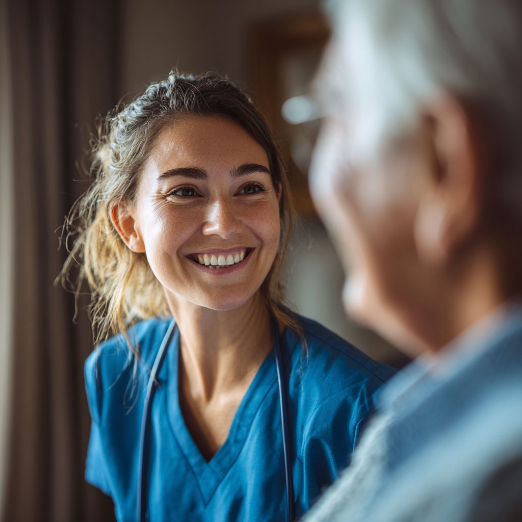 Portrait einer freundlichen Pflegeschülerin, die wertschätzend einen älteren Patienten anlächelt.
