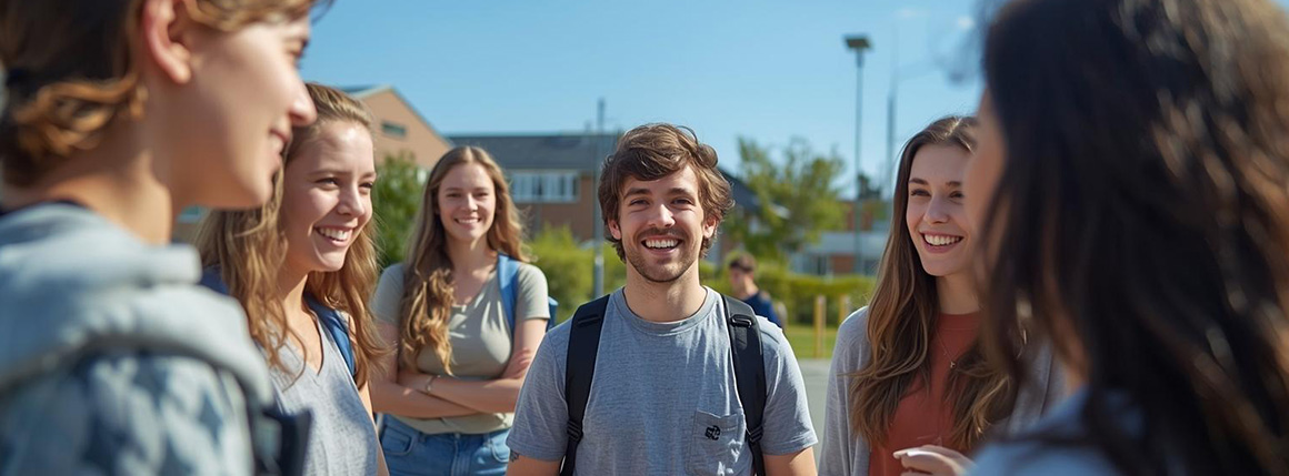 Gruppe von Schüler:innen stehen draußen