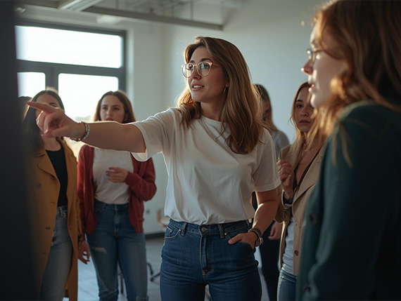 Lehrerin zeigt Schülerinnen etwas auf einem Bildschirm