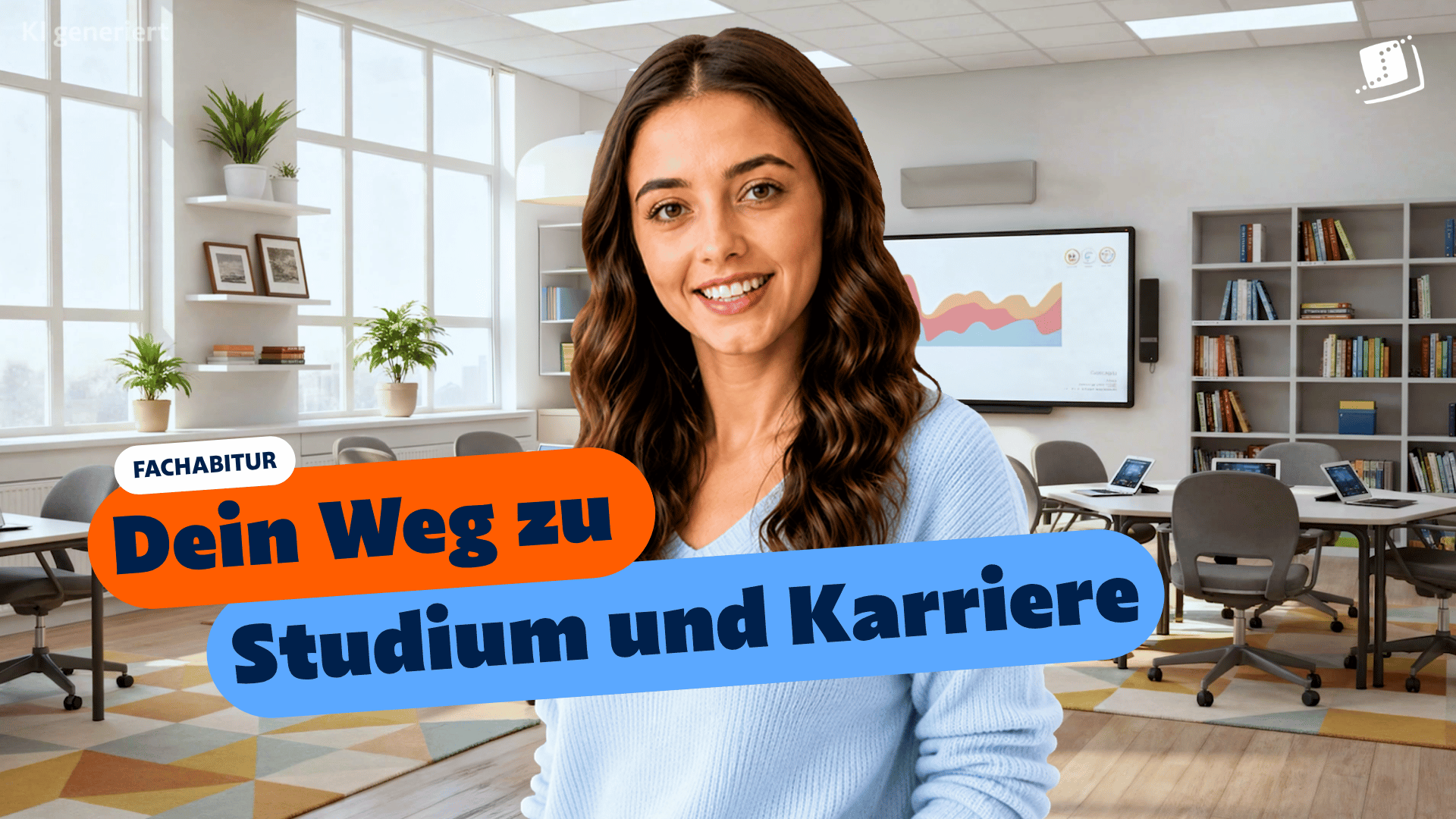 Eine junge Frau in einem modernen Unterrichts- oder Seminarraum vor Tischen, Stühlen und einem Bildschirm. Im Vordergrund steht der Text „FACHABITUR – Dein Weg zu Studium und Karriere“.