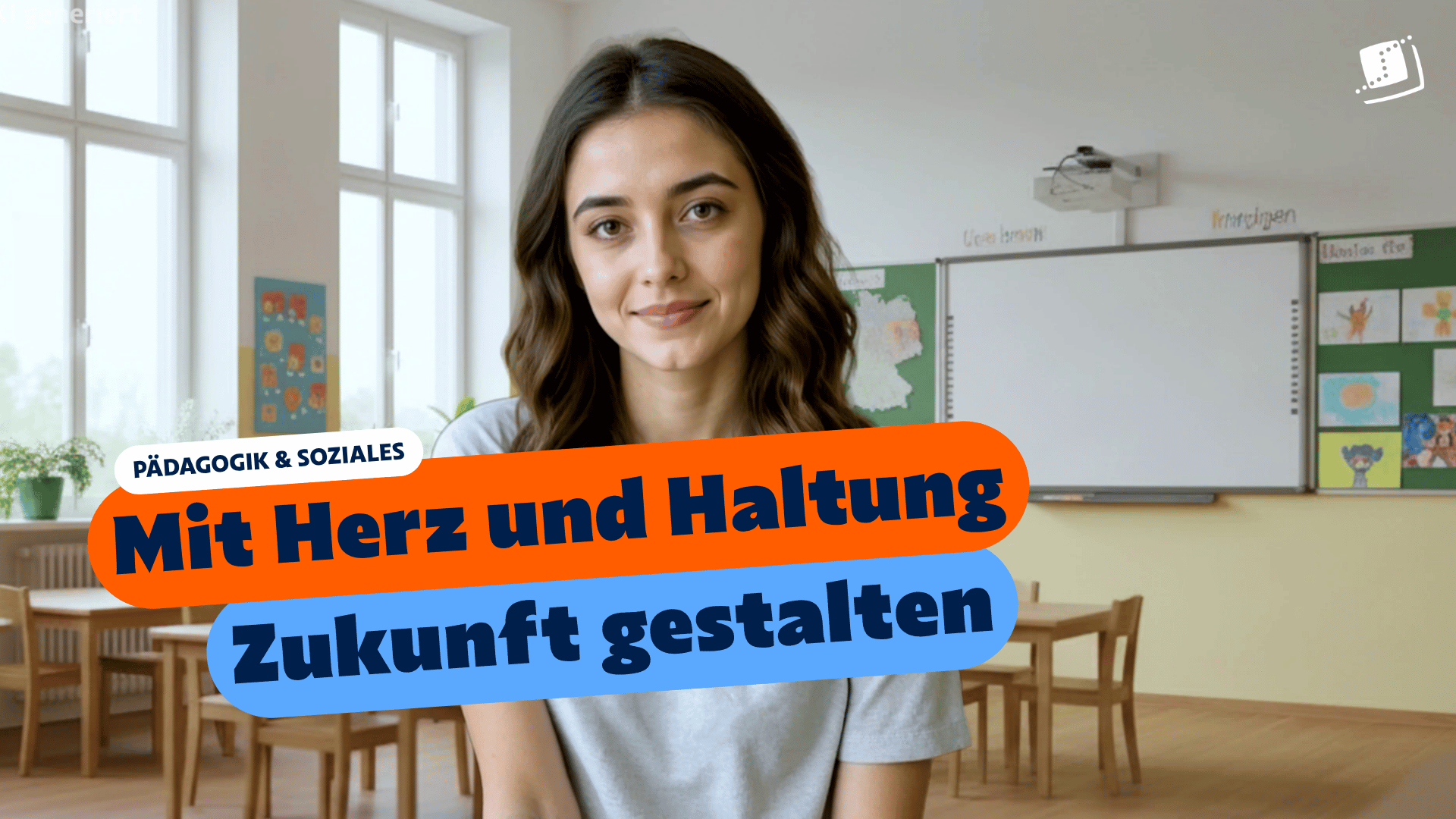 Eine junge Frau in einem freundlichen Klassenraum mit dem eingeblendeten Text: „Pädagogik & Soziales – Mit Herz und Haltung Zukunft gestalten“.