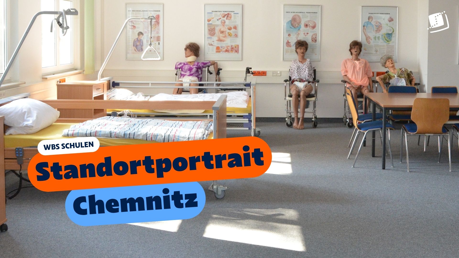 Pflegeübungsraum mit mehreren Krankenhausbetten, Patientenlifter und Pflegepuppen in Rollstühlen. Im Bild eingeblendet ist der Text „WBS SCHULEN – Standortportrait Chemnitz“.