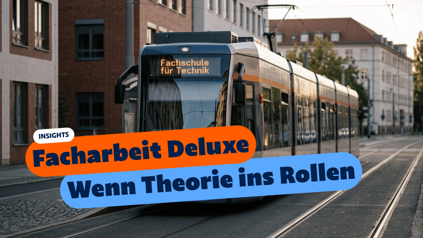 Eine moderne Straßenbahn fährt auf Schienen durch Leipzig mit dem klaren Fahrtziel Fachschule für Technik.