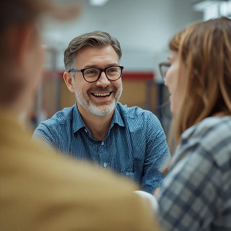 Lehrer in einem Gespräch mit Schülerinnen